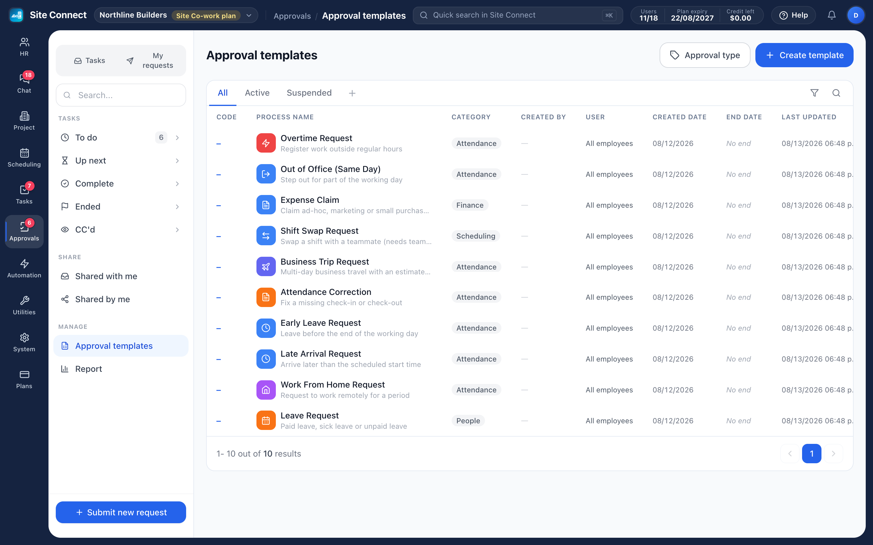 Approval templates: ten ready-made request types such as overtime, expense claim, shift swap, attendance correction and leave, with their category and who can use them