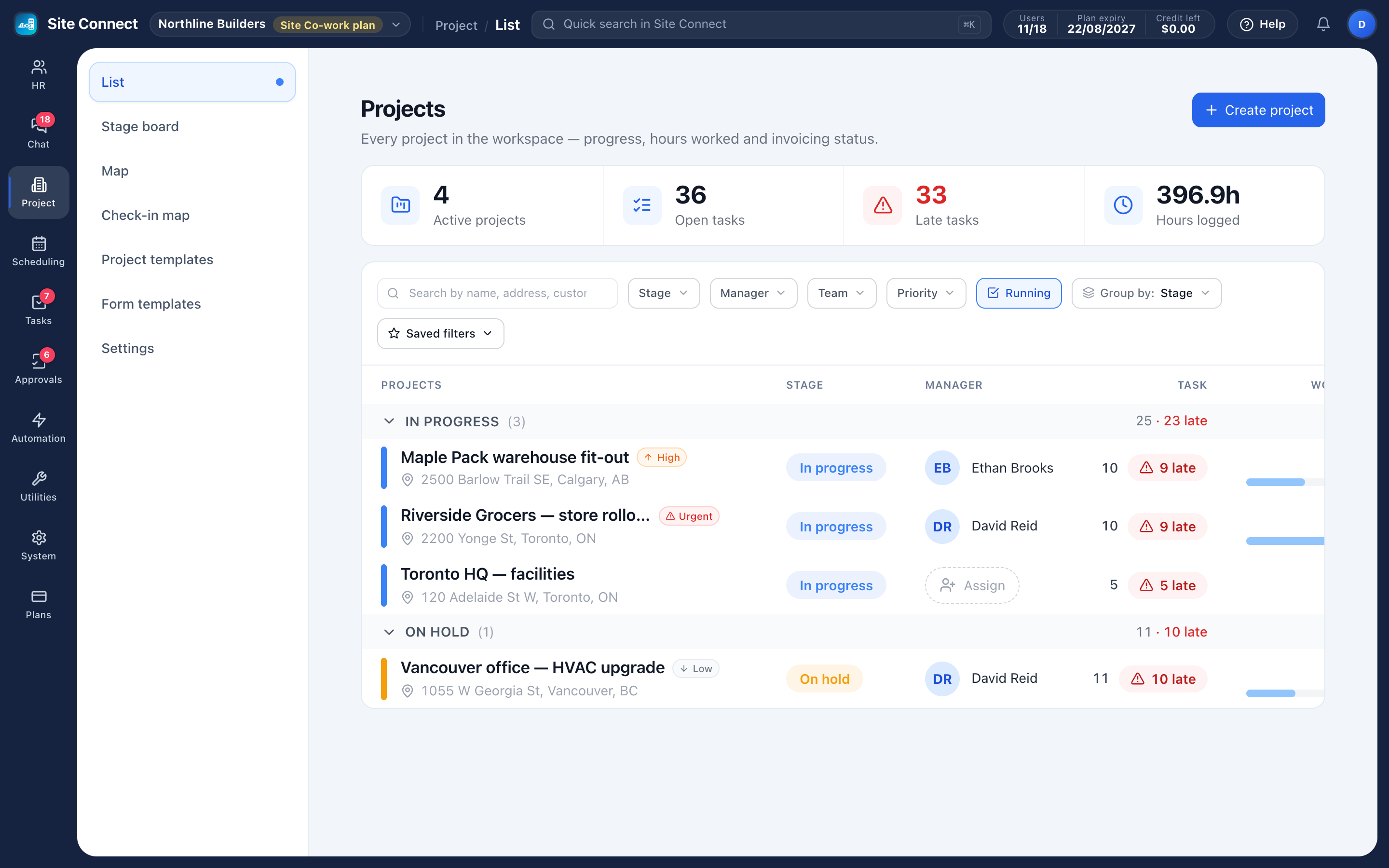The Site Connect project list: active projects grouped by stage, each with its address, manager, tasks and late tasks, under totals for open tasks, late tasks and hours logged