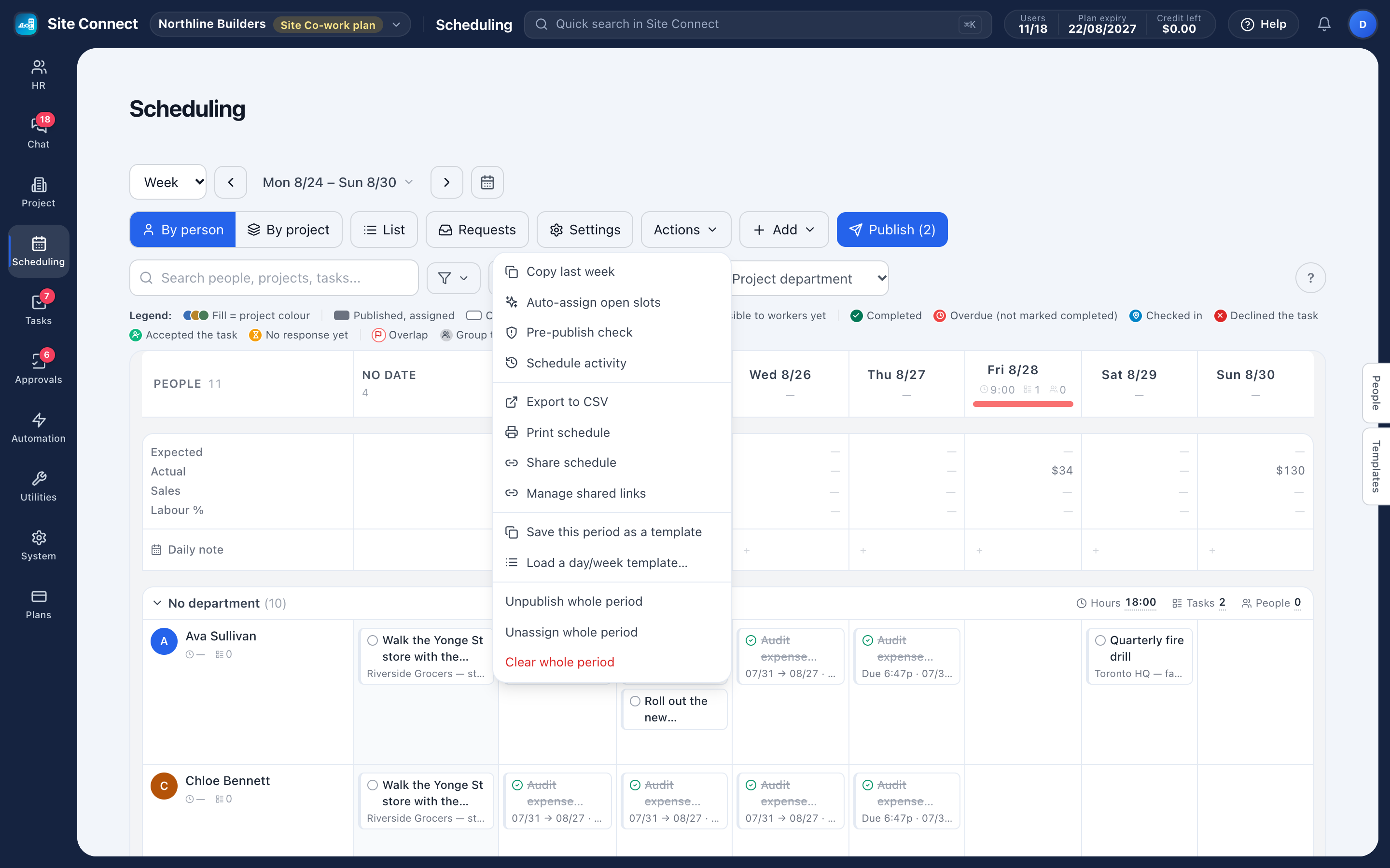 The Actions menu on the Scheduling board: Copy last week, Pre-publish check, Export to CSV, Print schedule, Share schedule and day or week templates